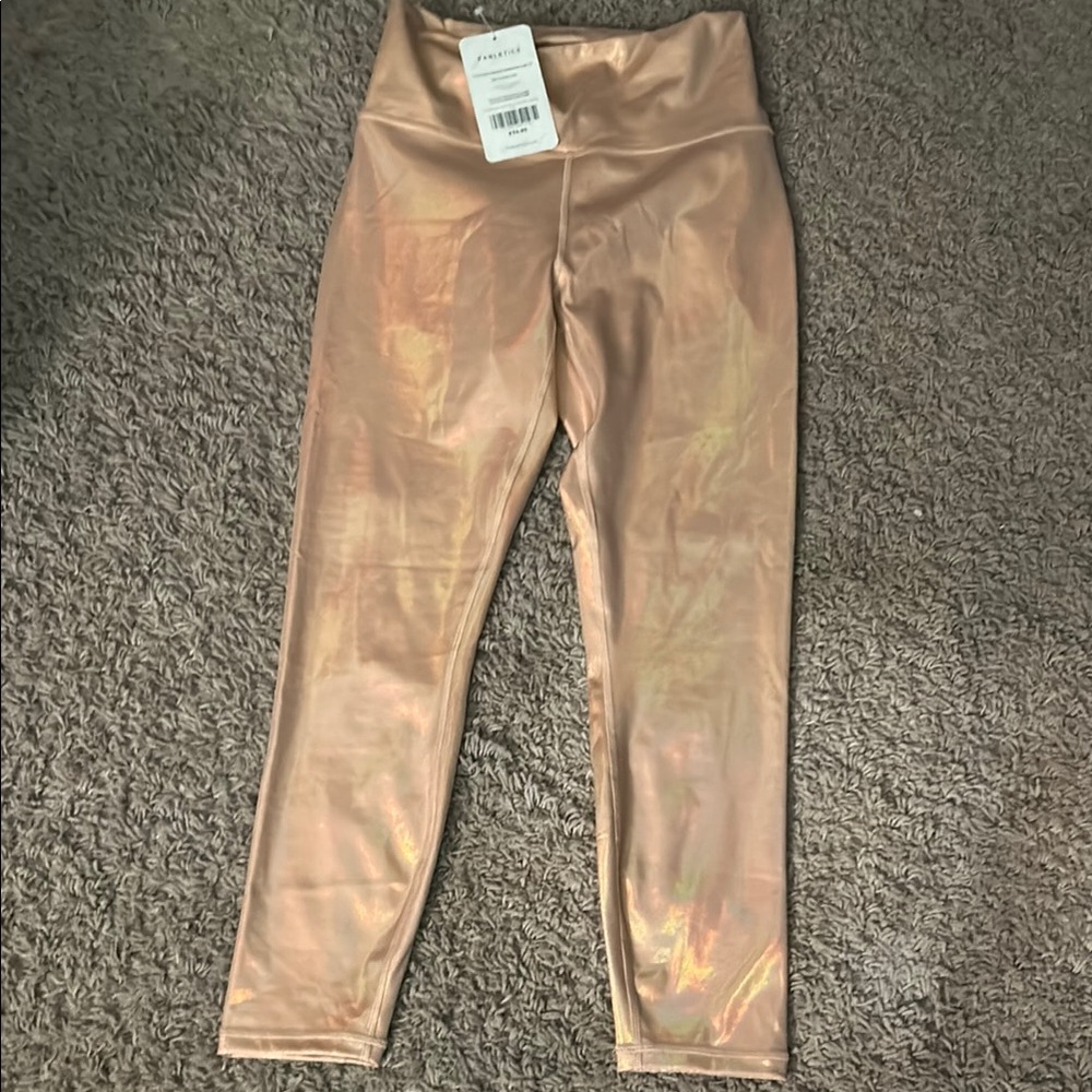 Fabletics Gold and Orange Leggings with High Waist and Metallic Sheen